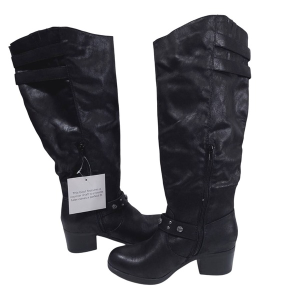 Carlos Santana Cara Knee High Riding Boots 7M Wide Calf Black Straps Buckles - Picture 1 of 15